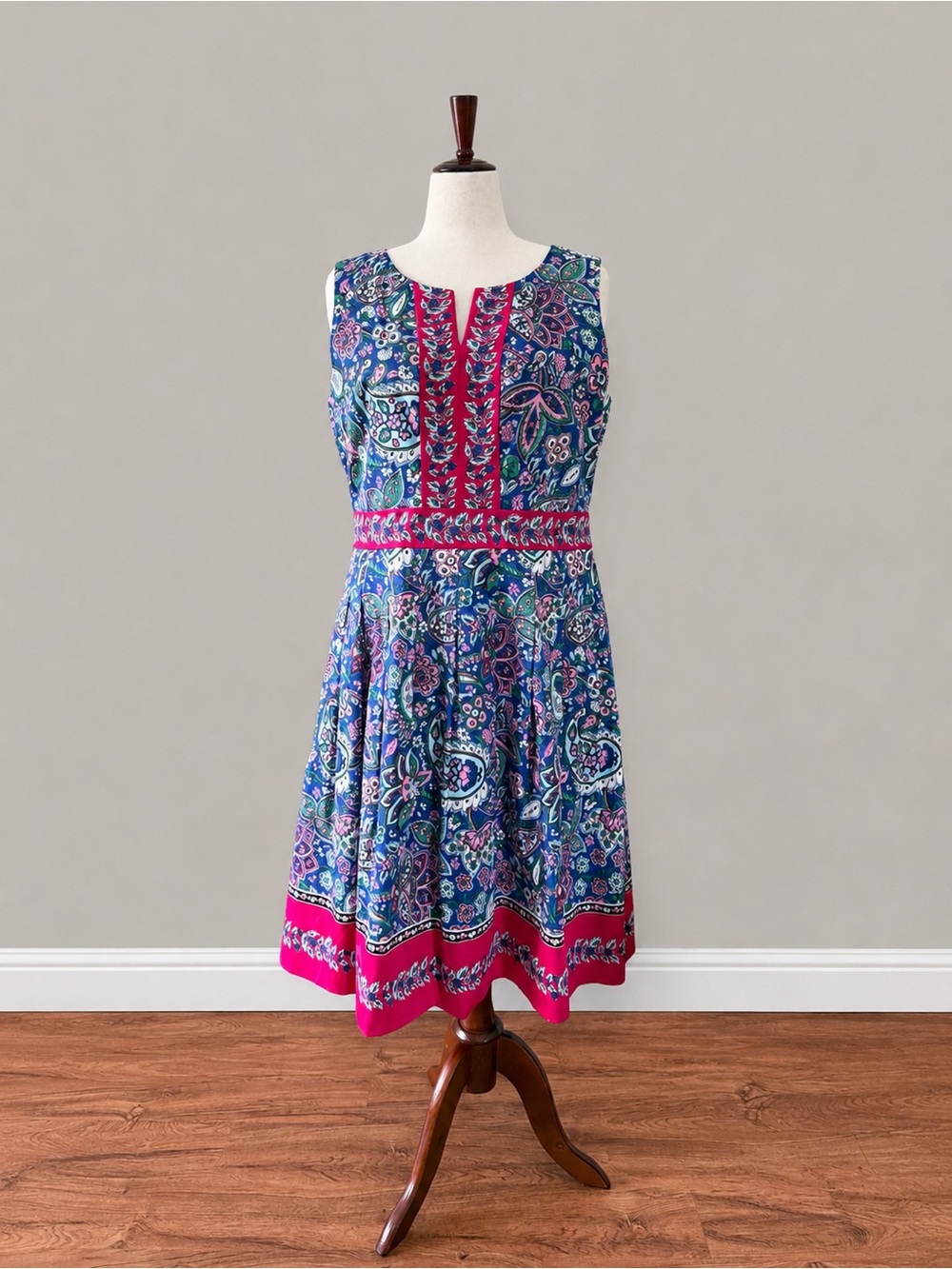 Talbots Blue Paisley Sleeveless Fit-and-Flare Dress with Pink Trim - Picture 2 of 8
